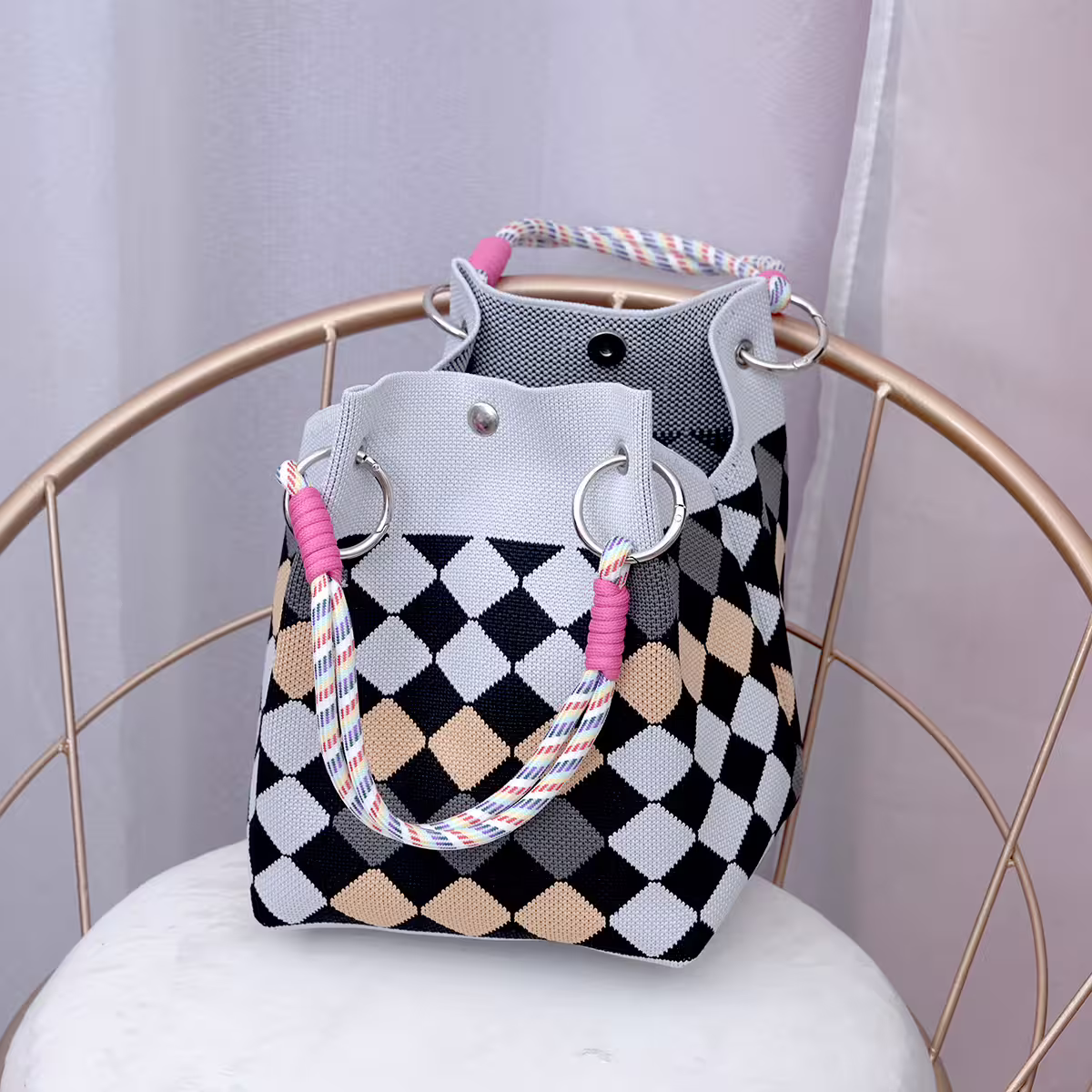 灰黃菱格&times;針織手提袋-第3張