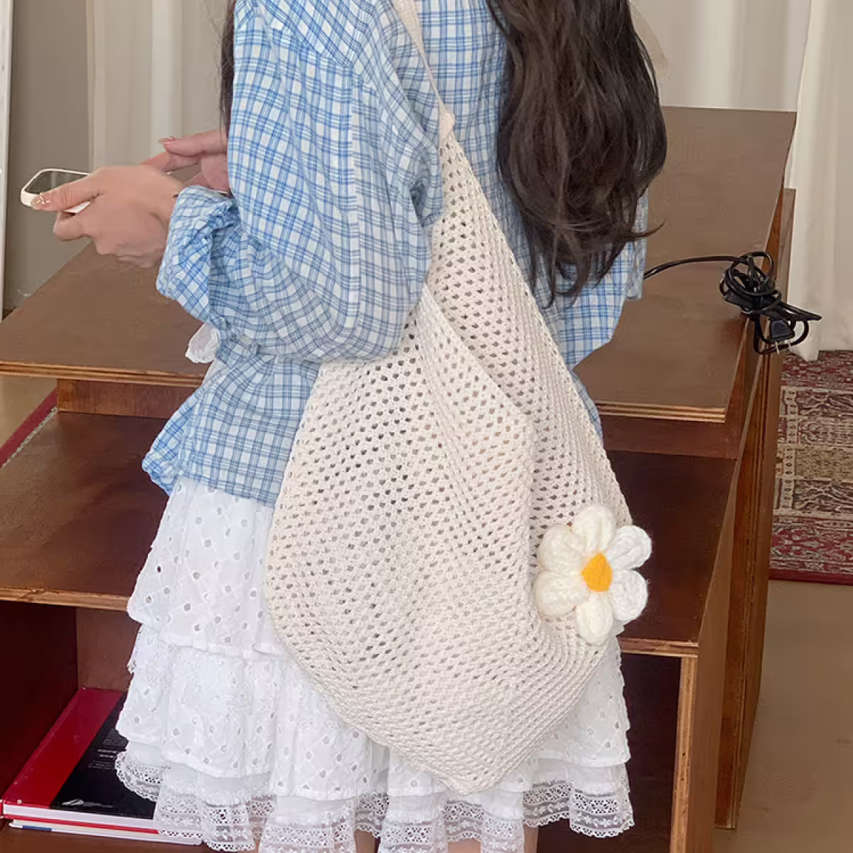 慵懶小花針織&times;肩背包&times;白色-第5張