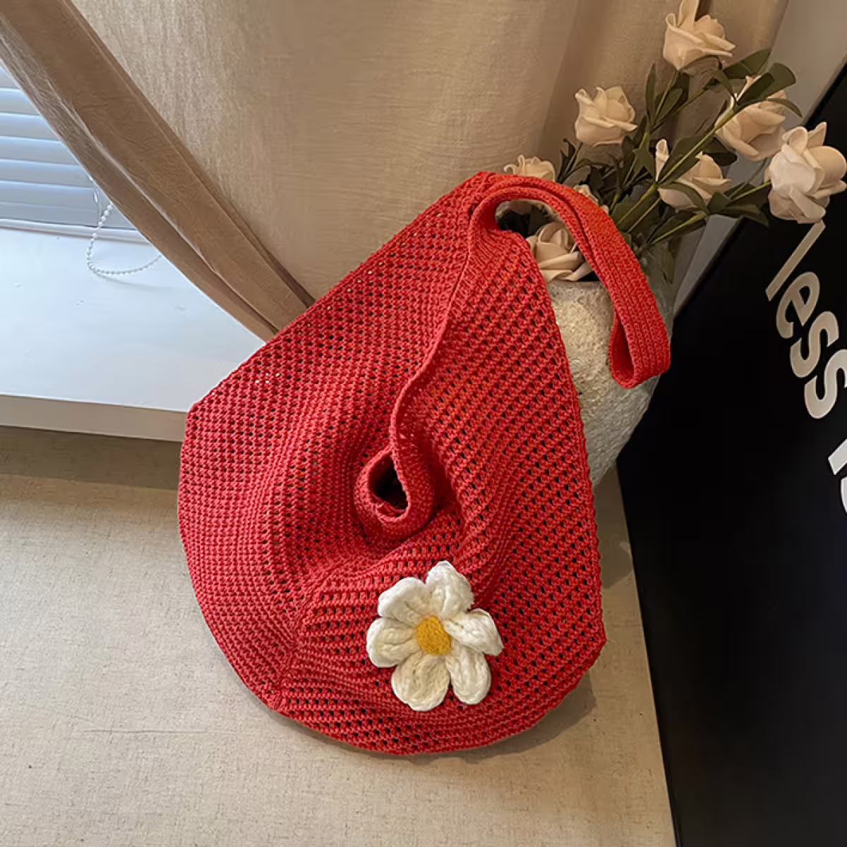 慵懶小花針織&times;肩背包&times;紅色-第3張