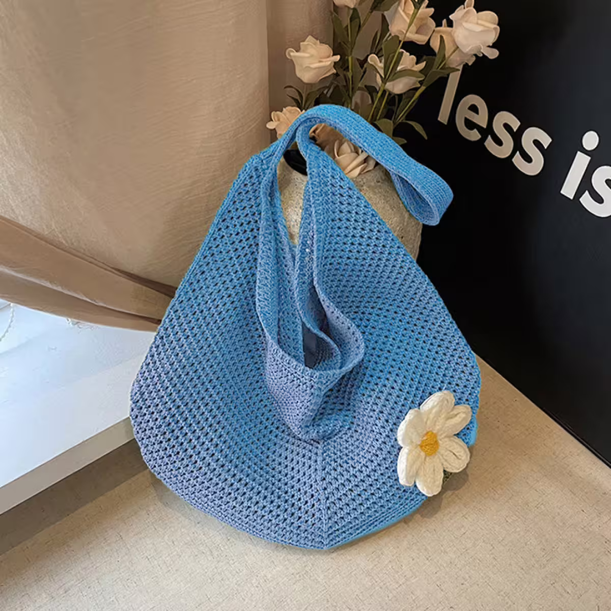 慵懶小花針織&times;肩背包&times;藍色-第3張