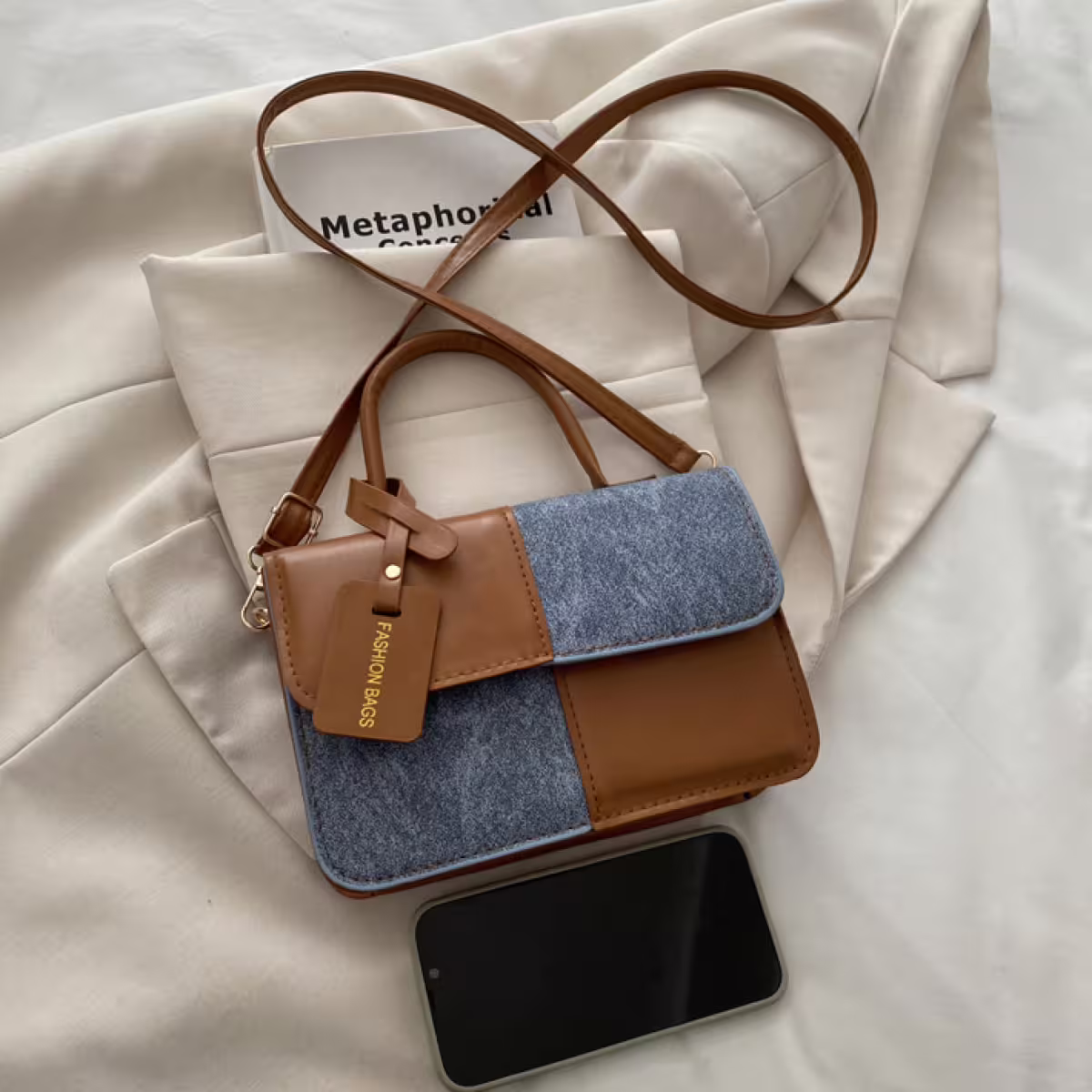 牛仔單寧皮革撞色&times;斜背包&times;棕咖-第2張