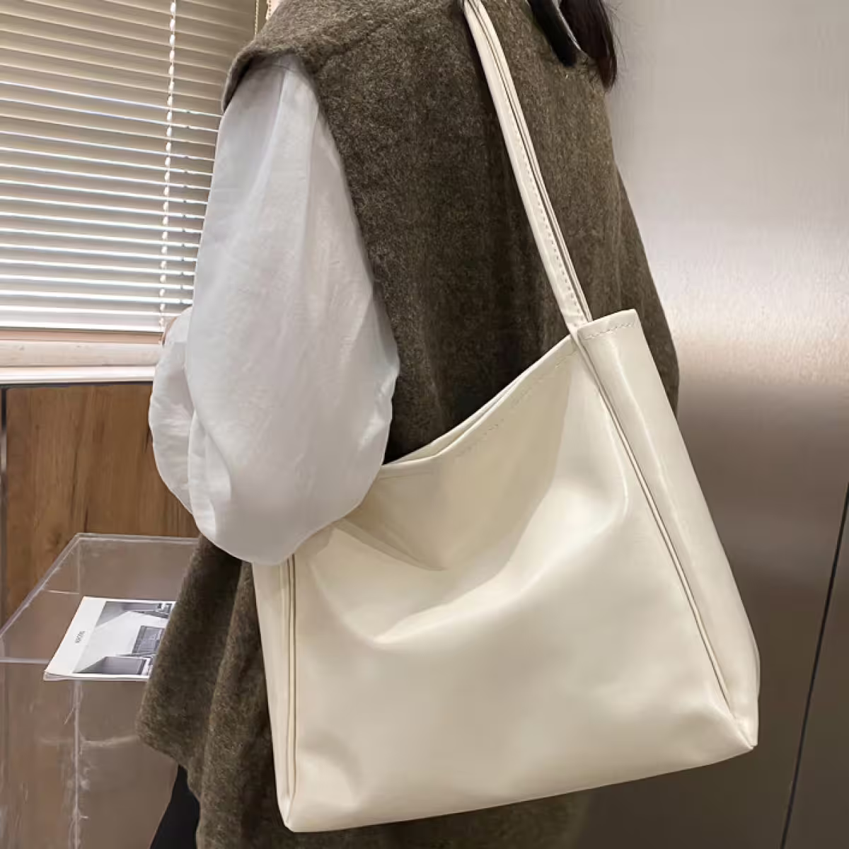 日常皮革素面&times;肩背包&times;白色-第5張