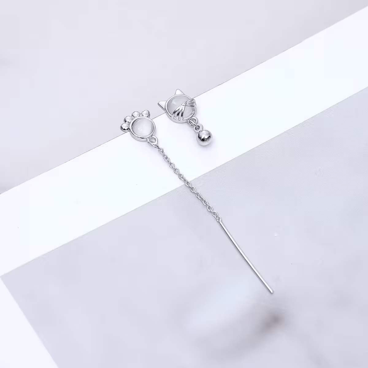 925銀針&times;貓眼石貓臉腳掌&times;不對稱吊墜耳環-第3張