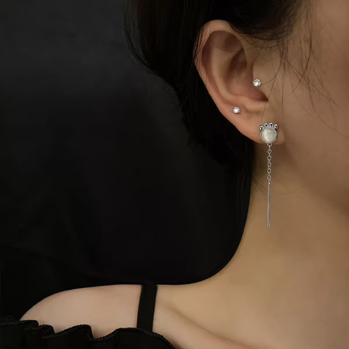 925銀針&times;貓眼石貓臉腳掌&times;不對稱吊墜耳環-第6張