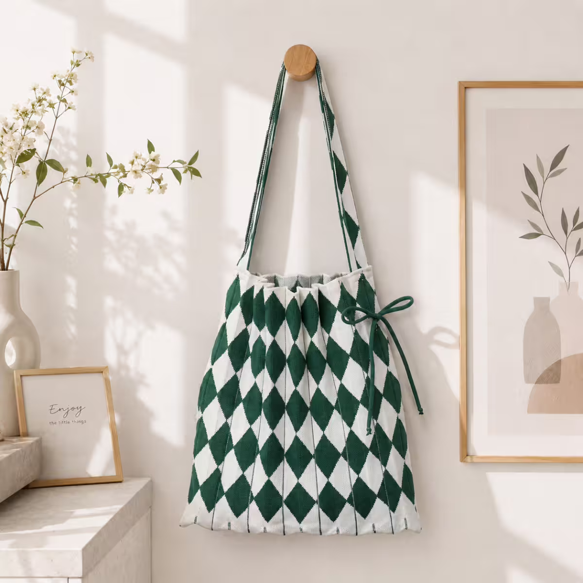 菱格紋&times;折疊風琴&times;肩背包&times;綠白-第2張