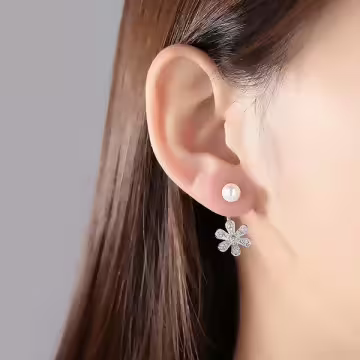 925銀針×珍珠閃亮小花×後掛式耳針