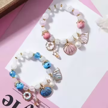 甜美貝殼海洋熱帶魚×固定式串珠手環×透藍