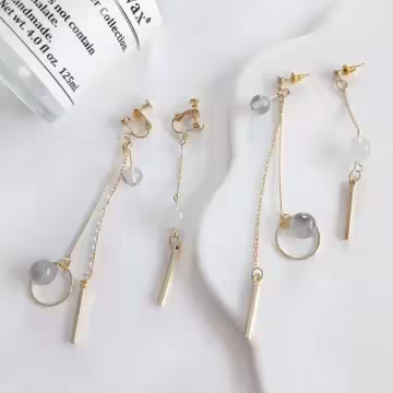 灰晶石一字桿圓環×不對稱吊墜耳環