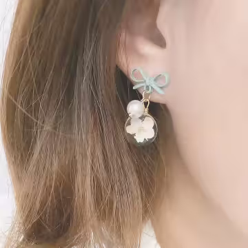 少女心蝴蝶結櫻花琉璃×吊墜耳環×灰綠