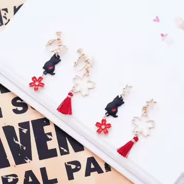 黑貓紅櫻流蘇×不對稱螺旋耳夾