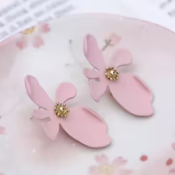不規則粉紅五瓣花朵×吊墜耳環