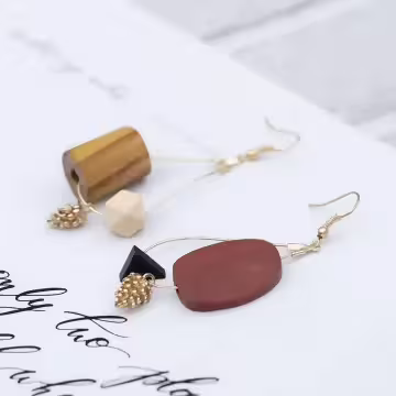 幾何木塊小松果×不對稱吊墜耳勾