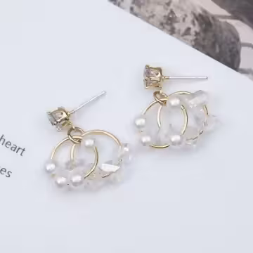 雙層晶鑽珍珠圓環×吊墜耳環