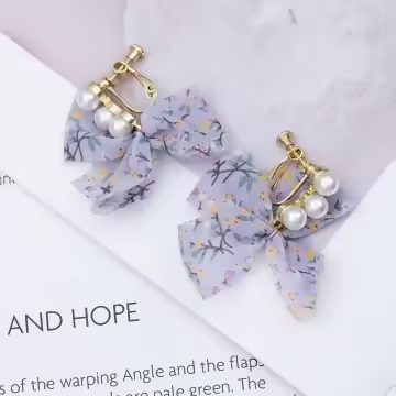 碎花薄紗蝴蝶結珍珠×螺旋耳夾×共二色