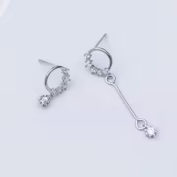 925銀針×圓圈鋯石長桿垂鑽×不對稱吊墜耳線環