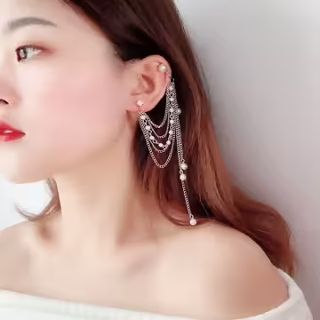 好多層垂墜流蘇珍珠水鑽×單邊耳骨吊墜耳環