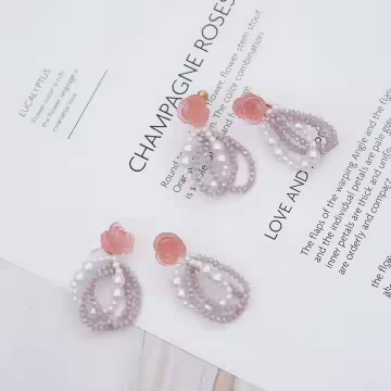 粉紅玫瑰雙層珍珠×吊墜耳環