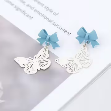 藍領結鏤空白蝴蝶×吊墜耳環