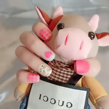 粉桃格子小花霧面×穿戴式手指甲片×二十四入