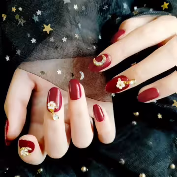 大紅月亮小花水滴亮面×穿戴式手指甲片×二十四入