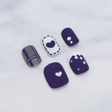 紫心牛奶灰格紋霧面×穿戴式手指甲片×二十四入