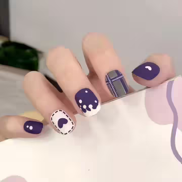 紫心牛奶灰格紋霧面×穿戴式手指甲片×二十四入