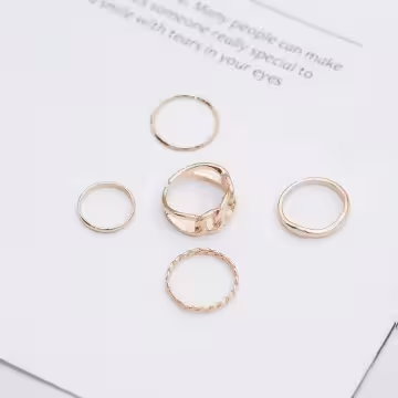 粗曠鍊條細圈麻捲×五套件戒指組×金色