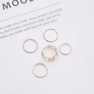 粗曠鍊條細圈麻捲×五套件戒指組×金色