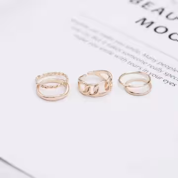 粗曠鍊條細圈麻捲×五套件戒指組×金色