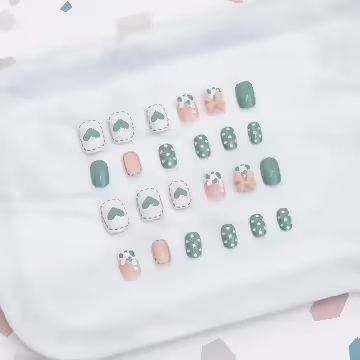 綠心蝴蝶結牛奶紋亮面×穿戴式手指甲片×二十四入