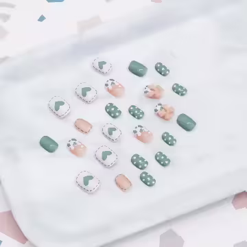 綠心蝴蝶結牛奶紋亮面×穿戴式手指甲片×二十四入