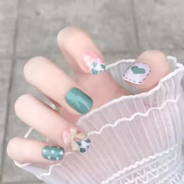 綠心蝴蝶結牛奶紋亮面×穿戴式手指甲片×二十四入