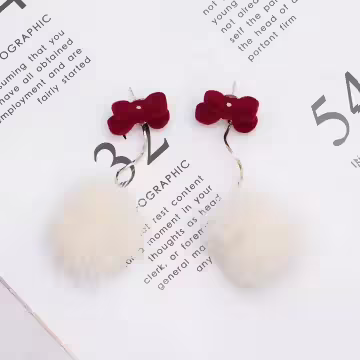 植絨蝴蝶結曲線毛球×吊墜耳環