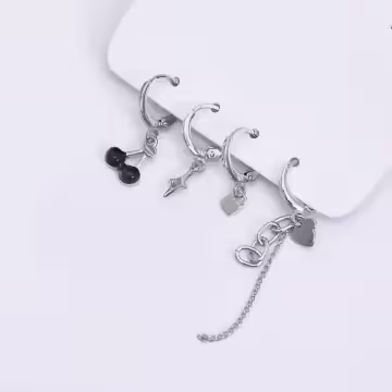 黑櫻桃鎖頭幾何流蘇×四套件單邊耳扣組