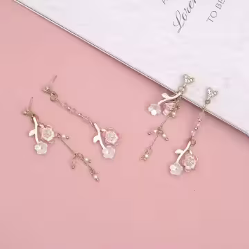 長款粉櫻桃花流蘇×不對稱吊墜耳環