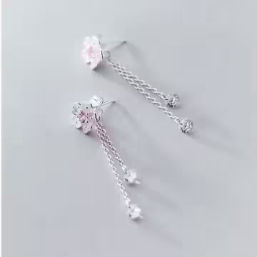 925銀針×粉櫻垂鑽×後掛式耳針