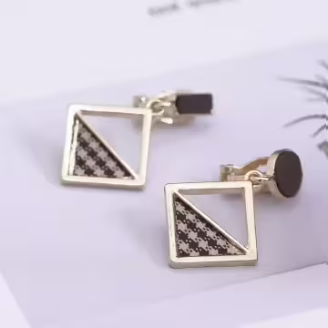 長方圓圈菱型棕咖格紋×不對稱三角耳夾