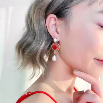 紅心華麗水滴珍珠×吊墜耳環