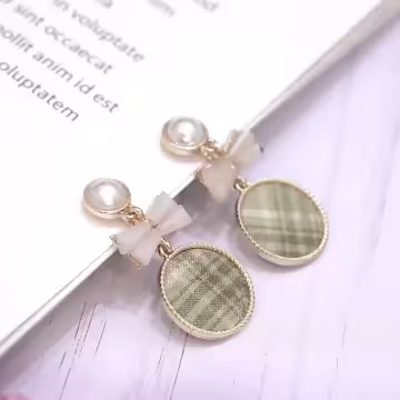 白綠格圓環領結×螺旋耳夾