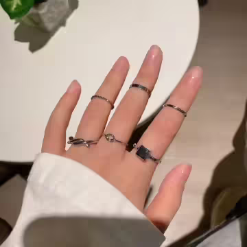 銀方塊大理石紋扭轉×六套件戒指組