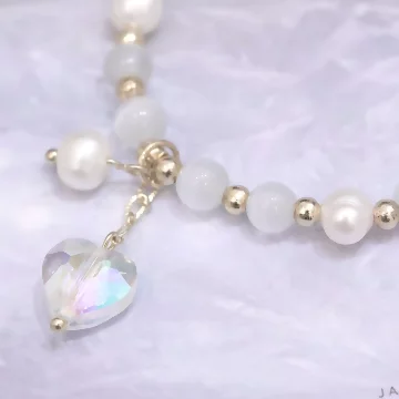 白色貓眼石珍珠愛心×固定式串珠手鍊.avif