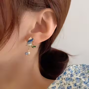 藍白漸層枝葉小貓咪×吊墜耳環