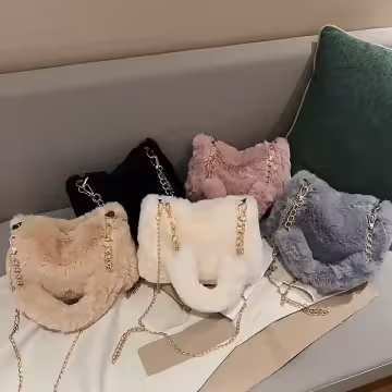 手提小巧毛絨絨×鍊條斜背包×深灰