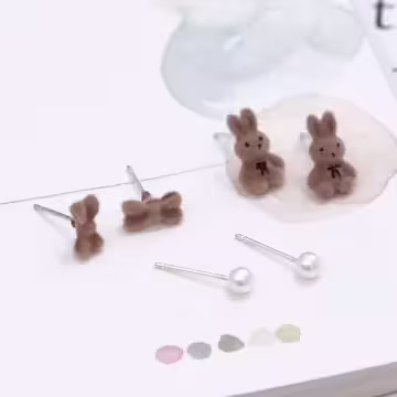 絨毛小兔領結珍珠×三套件耳環組