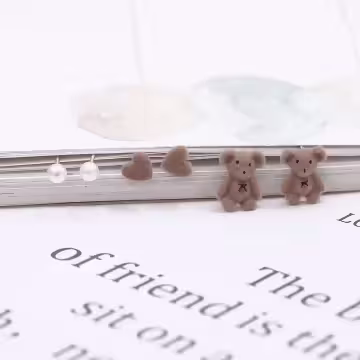 絨毛小熊愛心珍珠×三套件耳環組