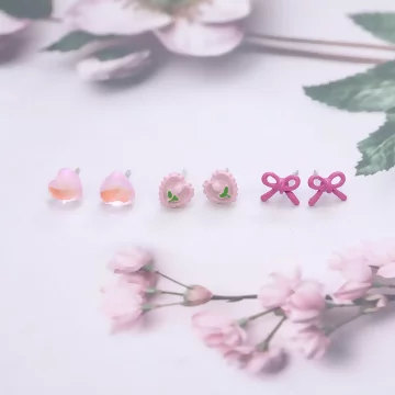 蝴蝶結小花愛心×三套件耳環組×粉紅.avif