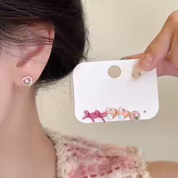 蝴蝶結小花愛心×三套件耳環組×粉紅