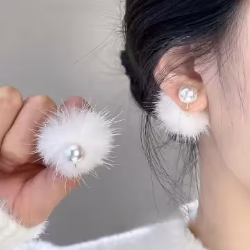 小白毛球珍珠×蚊香盤U型耳夾