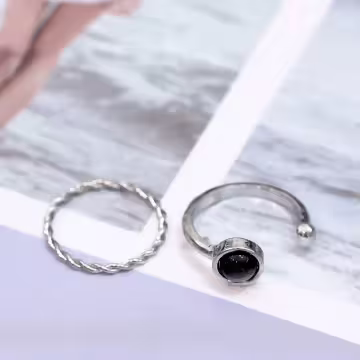銀黑圓珠幾何×四套件戒指組