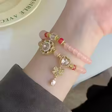 甜心華麗粉紅蝴蝶結×雙層串珠手鍊